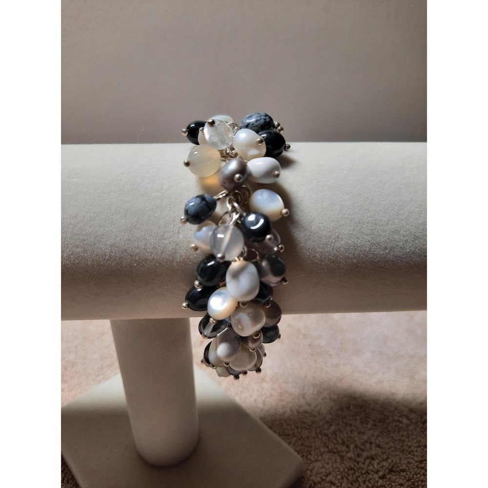 Freshwater pearl charm bracelet cha cha white gray sterling silver